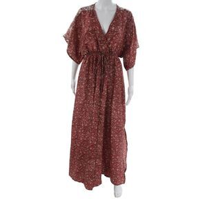 Sissel Edelbo Women Kaftan Red Sari V-Neck Floral Boho Size One Size